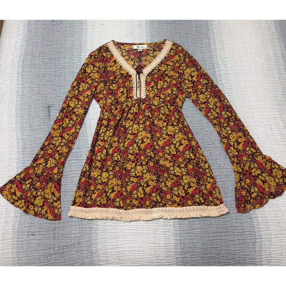 Decree Babydoll Tunic Bell Sleeve Crochet Trim Floral Boho Brown Yellow Womens M